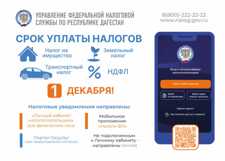 ФНС напоминает дагестанцам о необходимости уплаты налогов до 1 декабря 2025 года